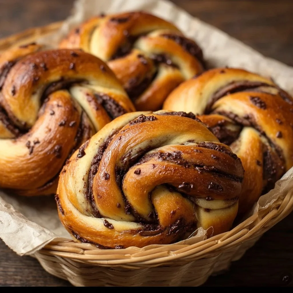 Delicious braided brioche with rum, vanilla, and chocolate on a wooden board.