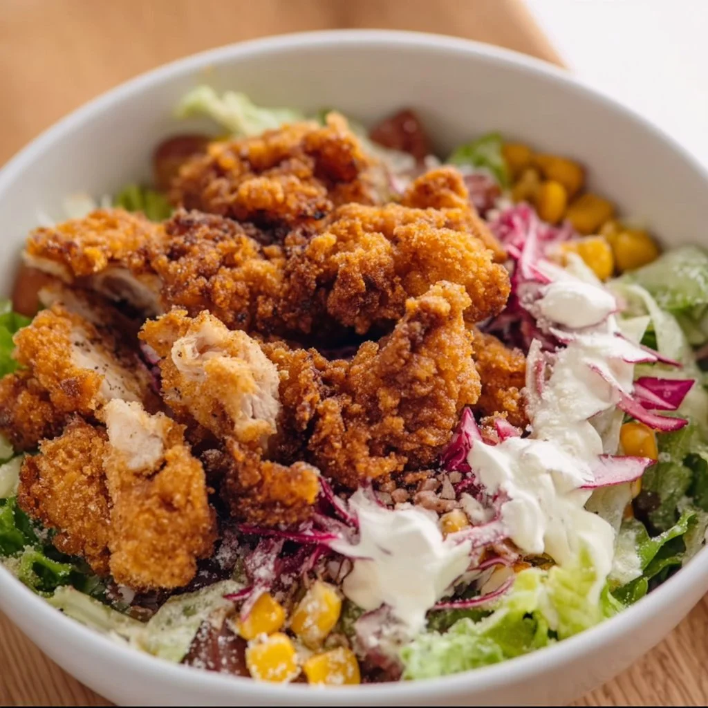 Crispy Chicken Salad with fresh vegetables and golden fried chicken strips