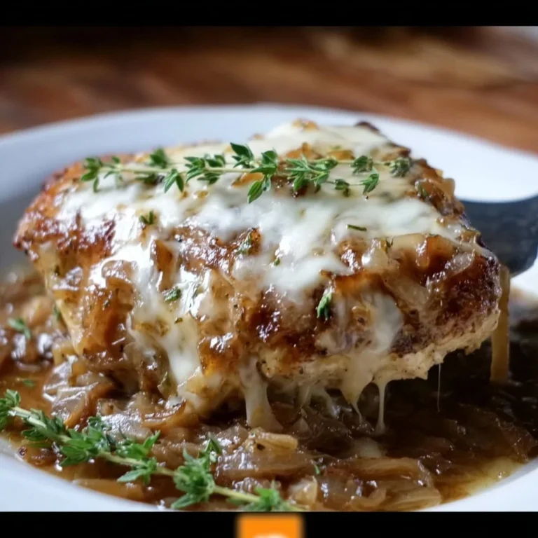 French Onion Chicken 4 Plate of delicious French Onion Chicken topped with melted cheese and caramelized onions