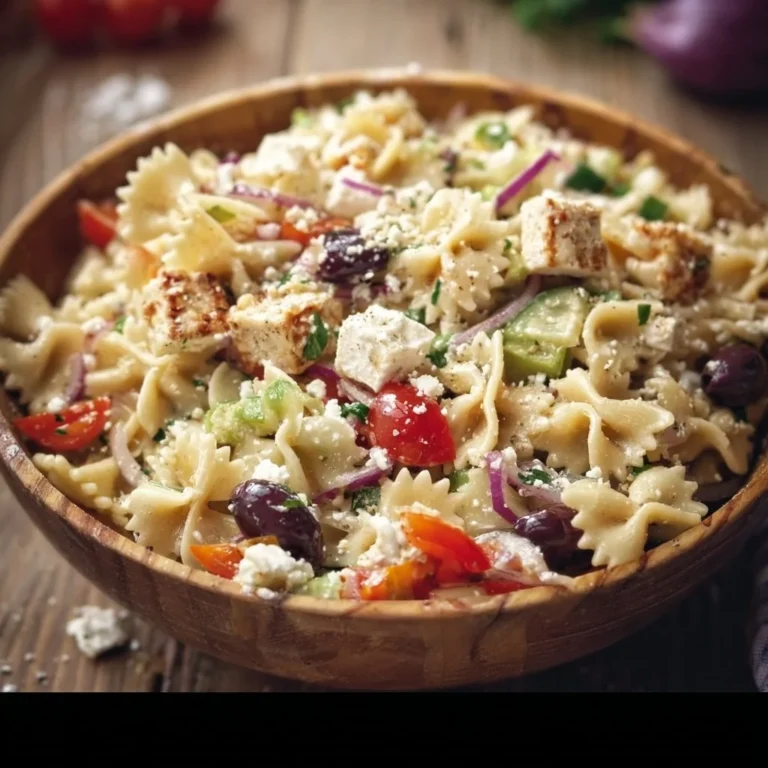 Greek Pasta Salad with Feta Cheese 4 Greek Pasta Salad with Feta Cheese served in a bowl with fresh vegetables