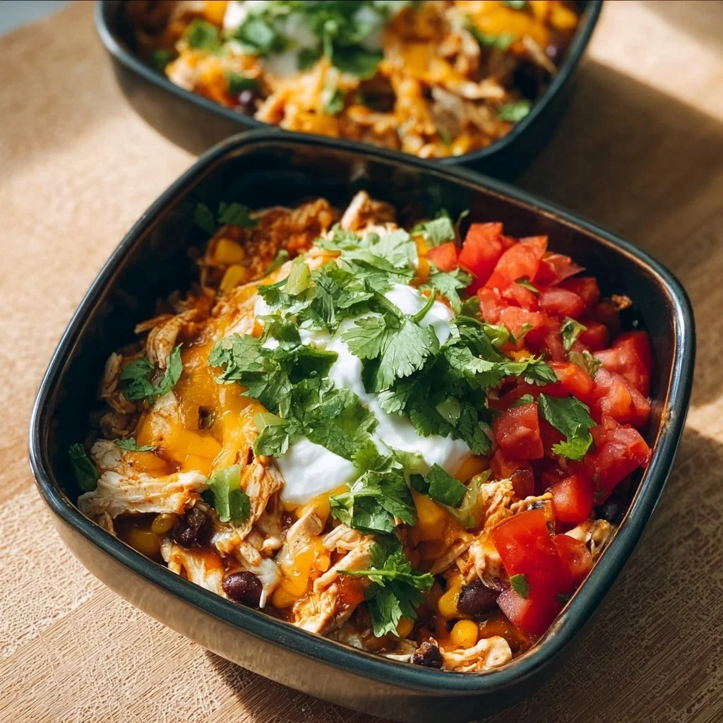 High-protein chicken enchilada bowls with colorful toppings and ingredients