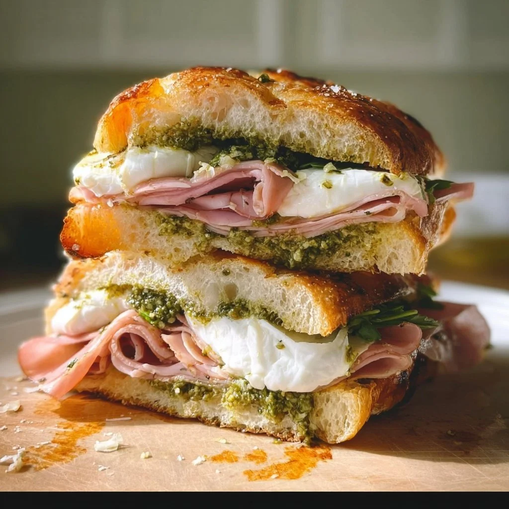 Mortadella, Pesto, and Burrata Focaccia Sandwich served on a rustic wooden board