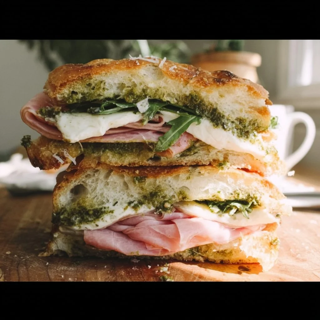 Mortadella, Pesto, Burrata Focaccia Sandwich