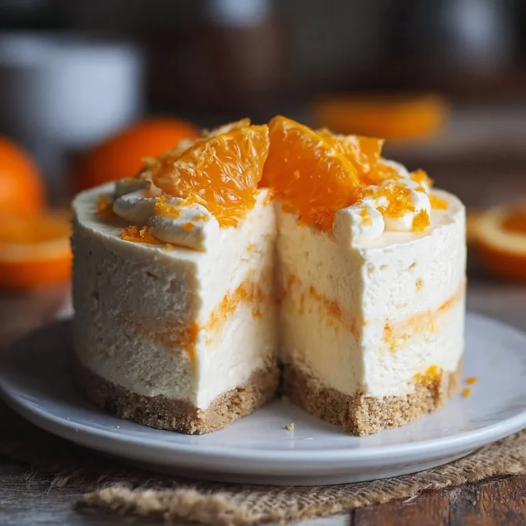 No-Bake Orange Creamsicle Cheesecake 4 No-bake orange creamsicle cheesecake topped with orange slices on a dessert plate