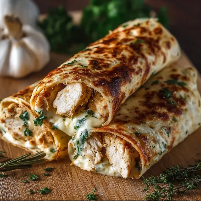 Savory Baked Cheese and Garlic Chicken Wraps 4 Savory baked cheese and garlic chicken wraps on a plate